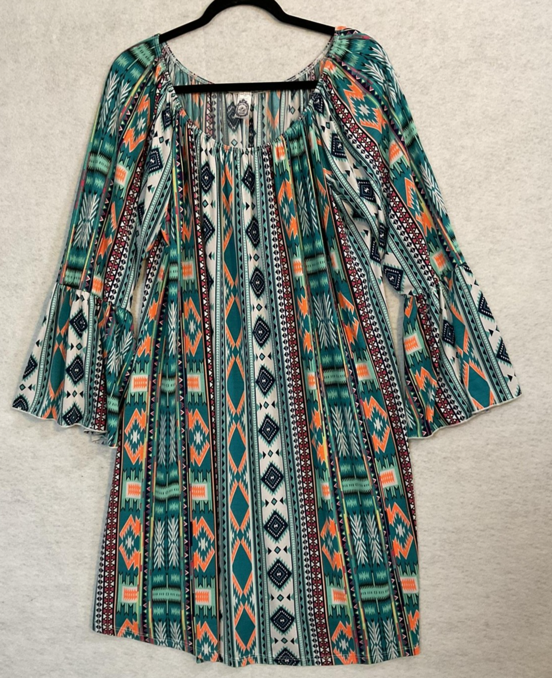 2B Together Dress Womens 3X Multicolor Geometric Bell Sleeve Boho Swing