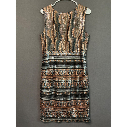 Sequin Black Gold Tribal Sm/Med Party NWOT Midi Dress Side Zip Sleeveless