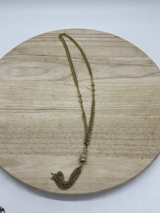Gold Tone Tassel Pendant Necklace Layered Chain Fringe 24 In Womens Jewelry
