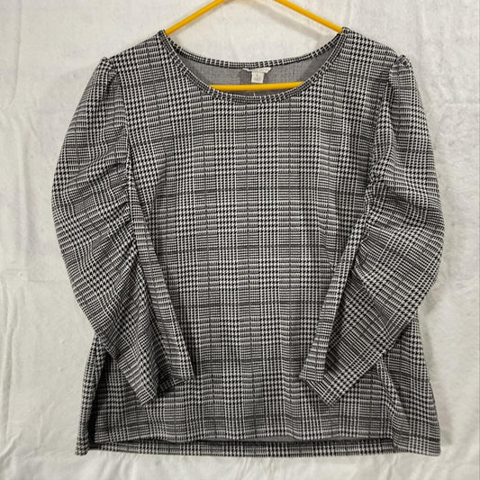 Cato Shirt Womens Large Black Plaid Round Neck Long Sleeve Knit Top Casual