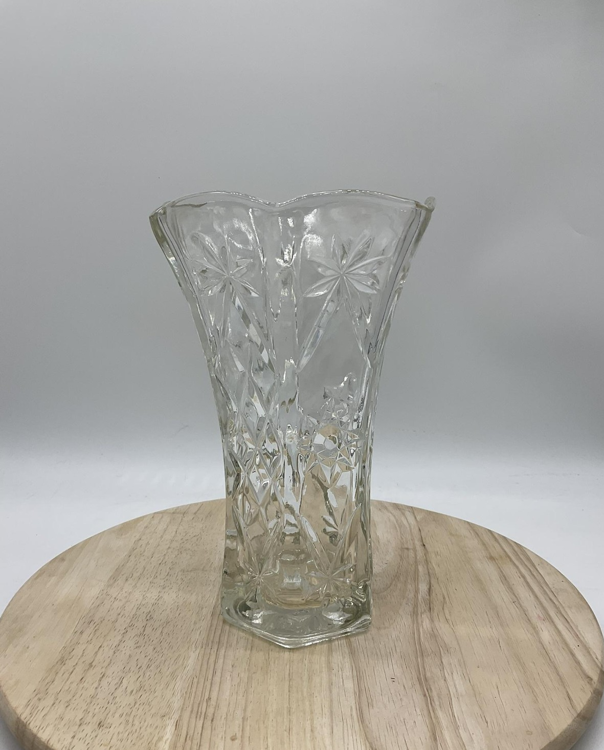 Clear Pressed Glass Flower Vase Starburst Pattern Hexagon VTG Decor Centerpiece