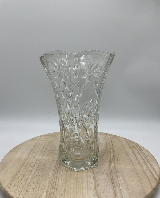 Clear Pressed Glass Flower Vase Starburst Pattern Hexagon VTG Decor Centerpiece