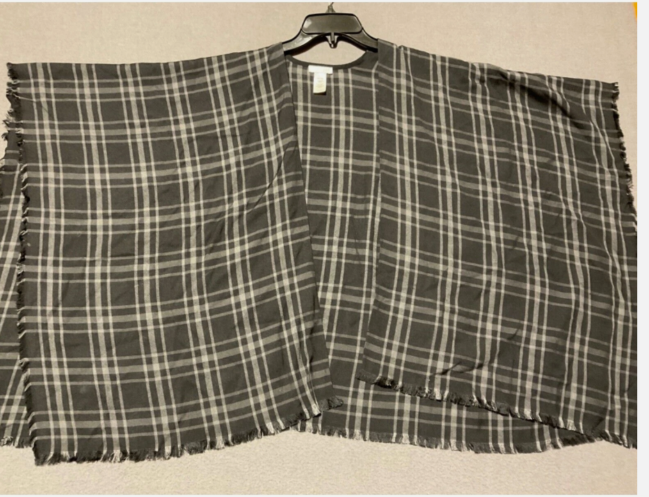J. Jill Poncho Womens One Size Gray Plaid Kimono Lightweight Fringe Open Front