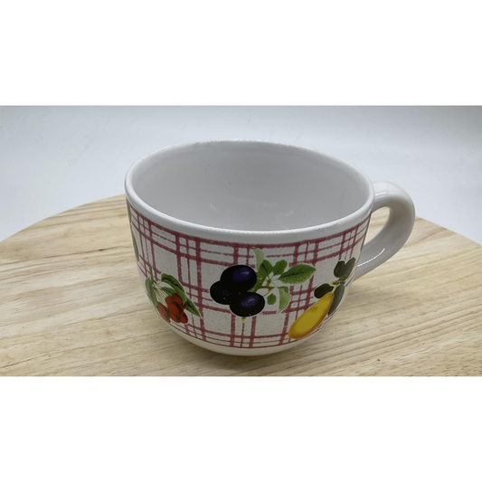 Ceramic Soup Mug Oversized Coffee Cup Fruit Pattern Red Plaid Handle Bowl VTG