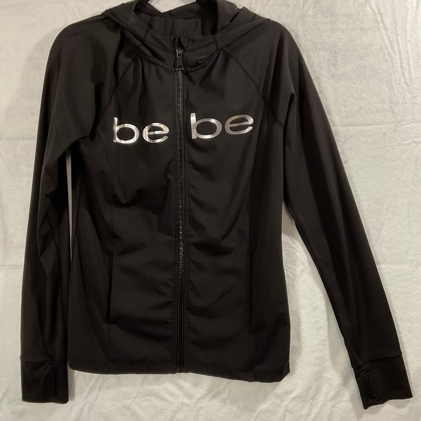 Bebe Sport Hoodie Women LG Black Silver Logo Zip Up Thumbhole Athleisure Jacket