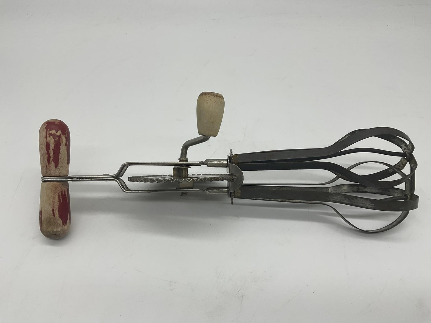 VTG Red Handle Rotary Hand Mixer Egg Beater Stainless Retro Kitchen Utensil