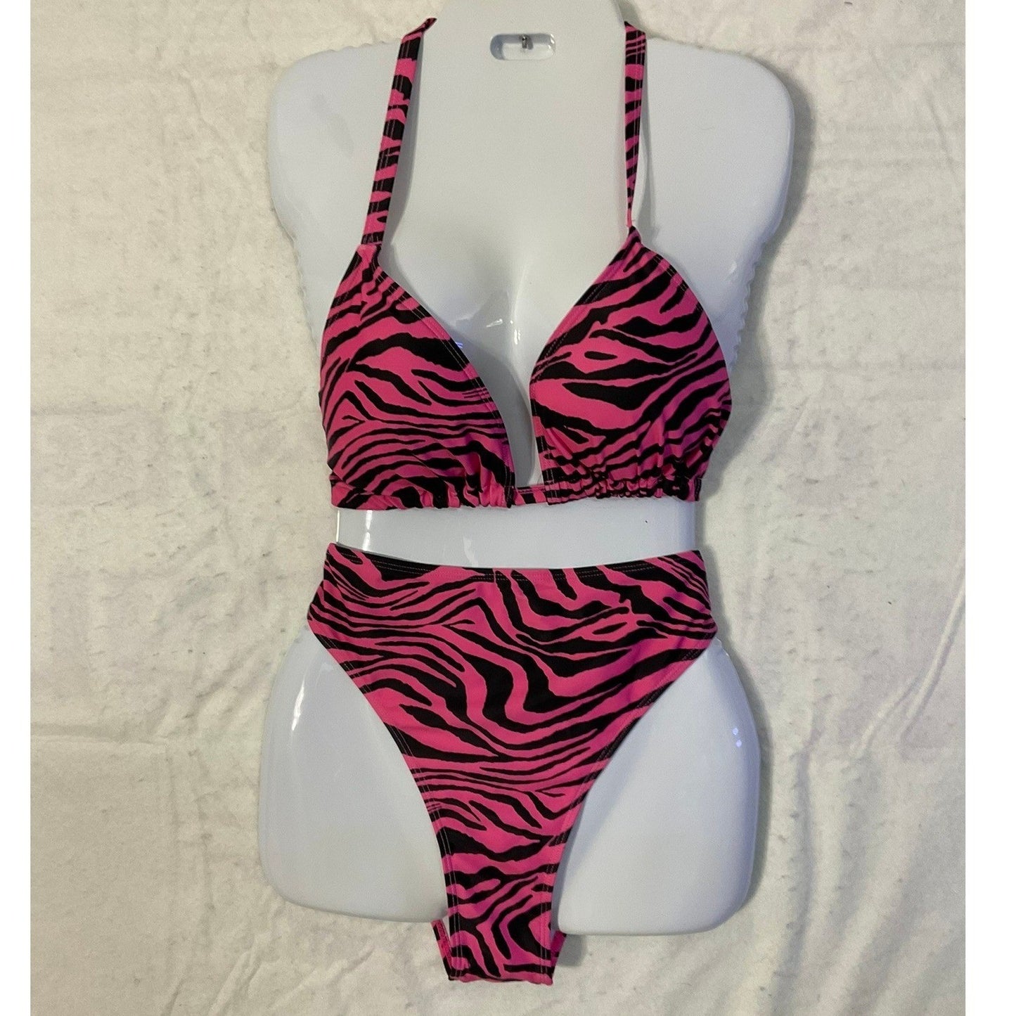 SHEIN Bikini Set Women 1XL Pink Zebra Print High Waist Halter Swimsuit