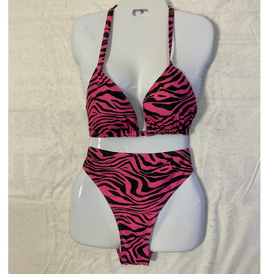 SHEIN Bikini Set Women 1XL Pink Zebra Print High Waist Halter Swimsuit