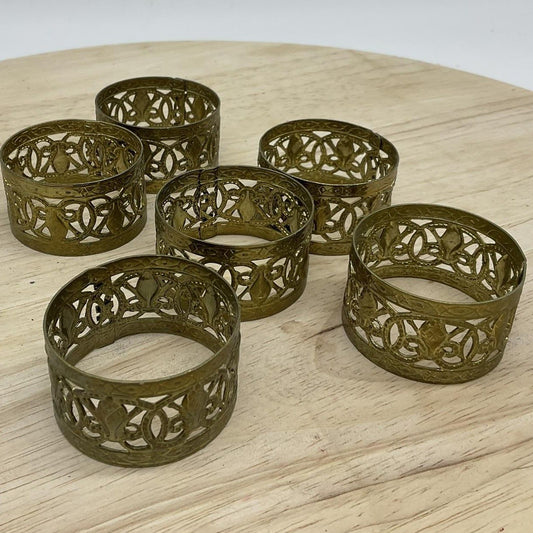 Vintage Brass Filigree Napkin Rings Set of 5 Ornate Mid Century Boho Table Decor