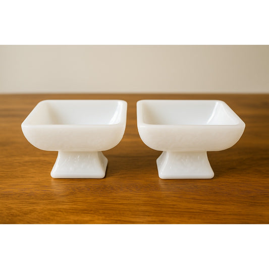 Set of 2 Footed Milk Glass Bowls Vintage Square Shape Decorative Embossed Design