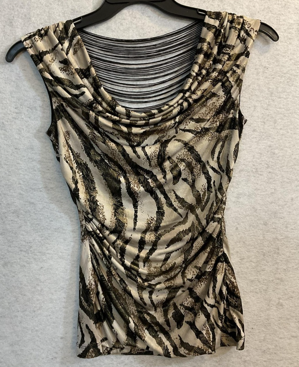 BCX Tank Top Juniors XS Beige Cowl Neck Sleeveless Zebra Print Lined Stretch