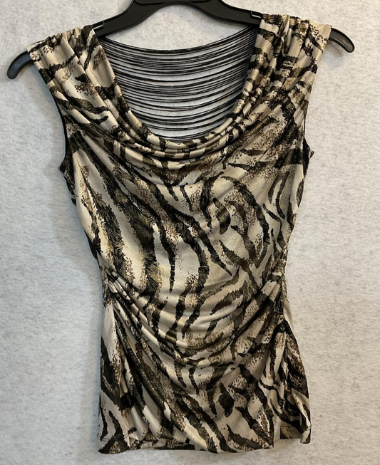 BCX Tank Top Juniors XS Beige Cowl Neck Sleeveless Zebra Print Lined Stretch