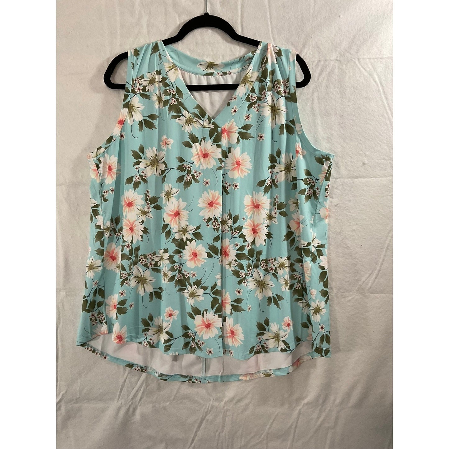 Floral Sleeveless Blouse Womens XL Blue Pink Excellent V-Neck Pleated