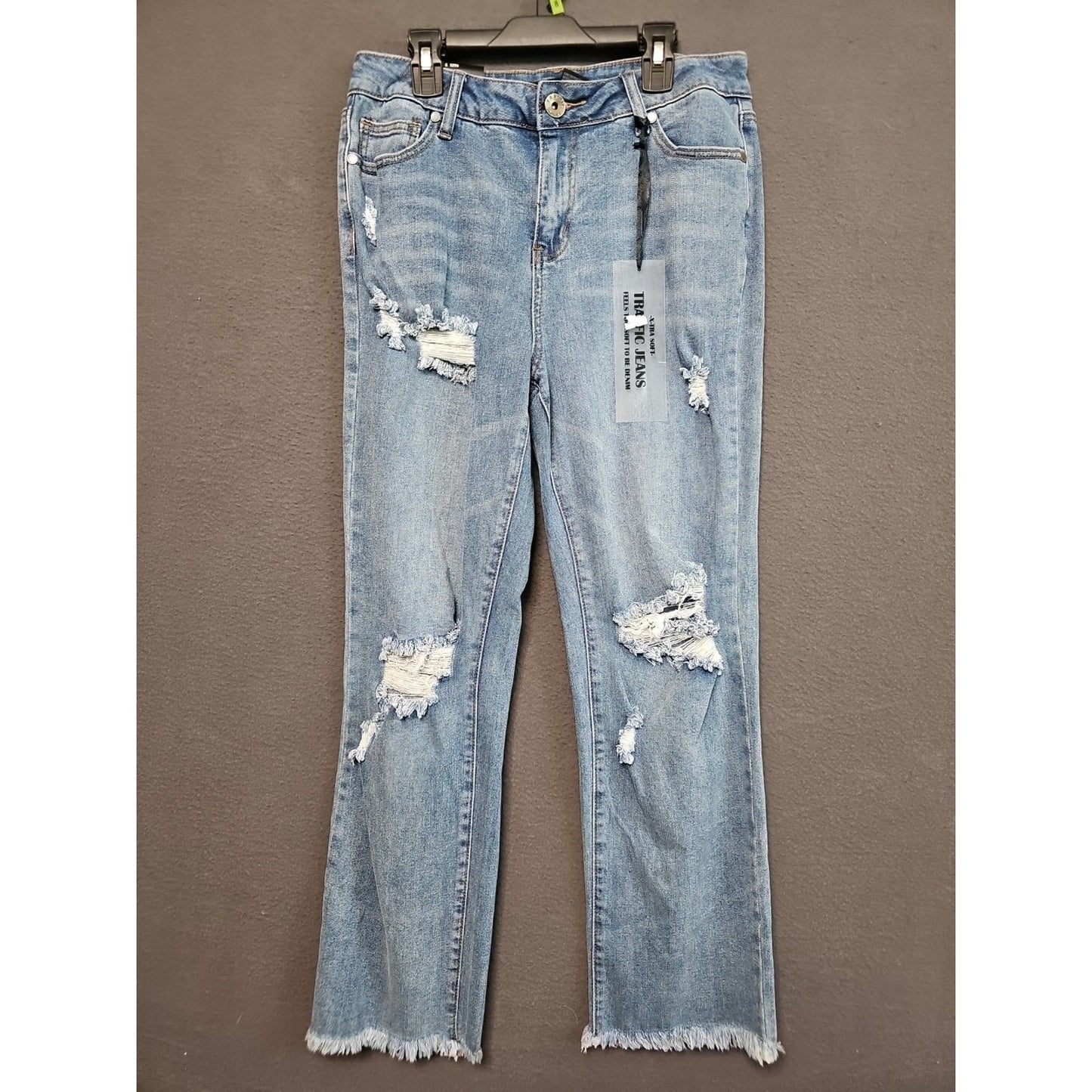 Traffic Jeans Wear Sz 7 Distressed Raw Hem Straight Leg Jeans Light Wash Stretch