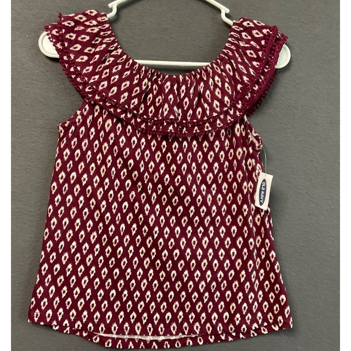 Old Navy Girls Boho Off Shoulder Ruffle Top L 10-12 Pom Pom Trim NWT