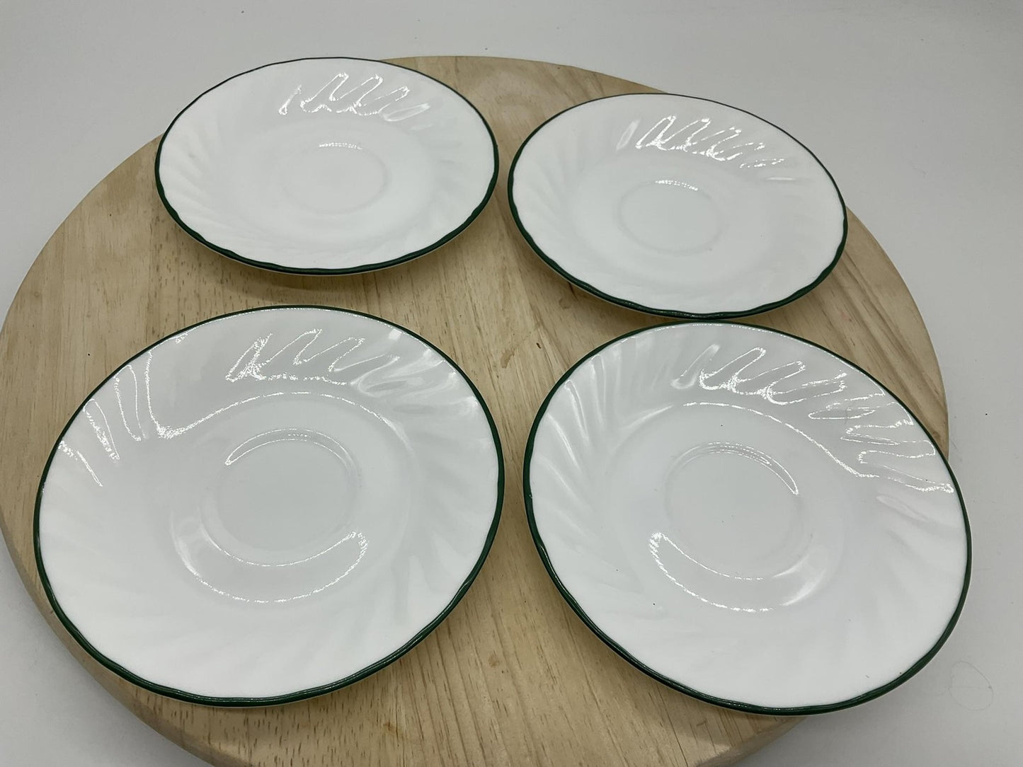 Corelle White Glass Saucers Set Of 4 Green Rim Round USA Kitchen Tableware