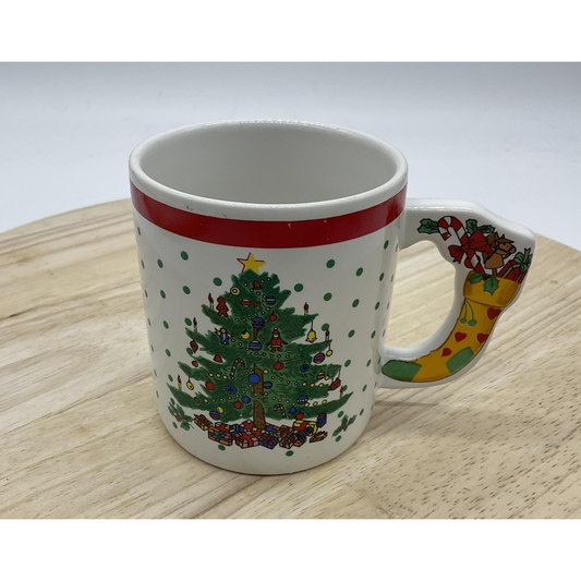 Christmas Tree Ceramic Mug Holiday Coffee Cup Red Rim Stocking Handle Polka Dot