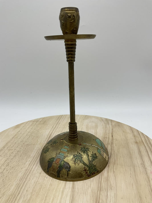 Vintage Brass Candlestick Camel Desert Scene Enamel Egypt India Home Decor MCM