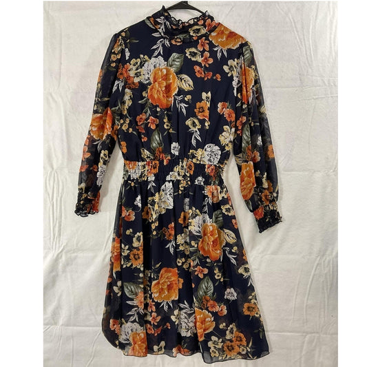 Kate And Lily Dress Womens 14 Navy Floral Mock Neck Smocked Fit Flare Chiffon