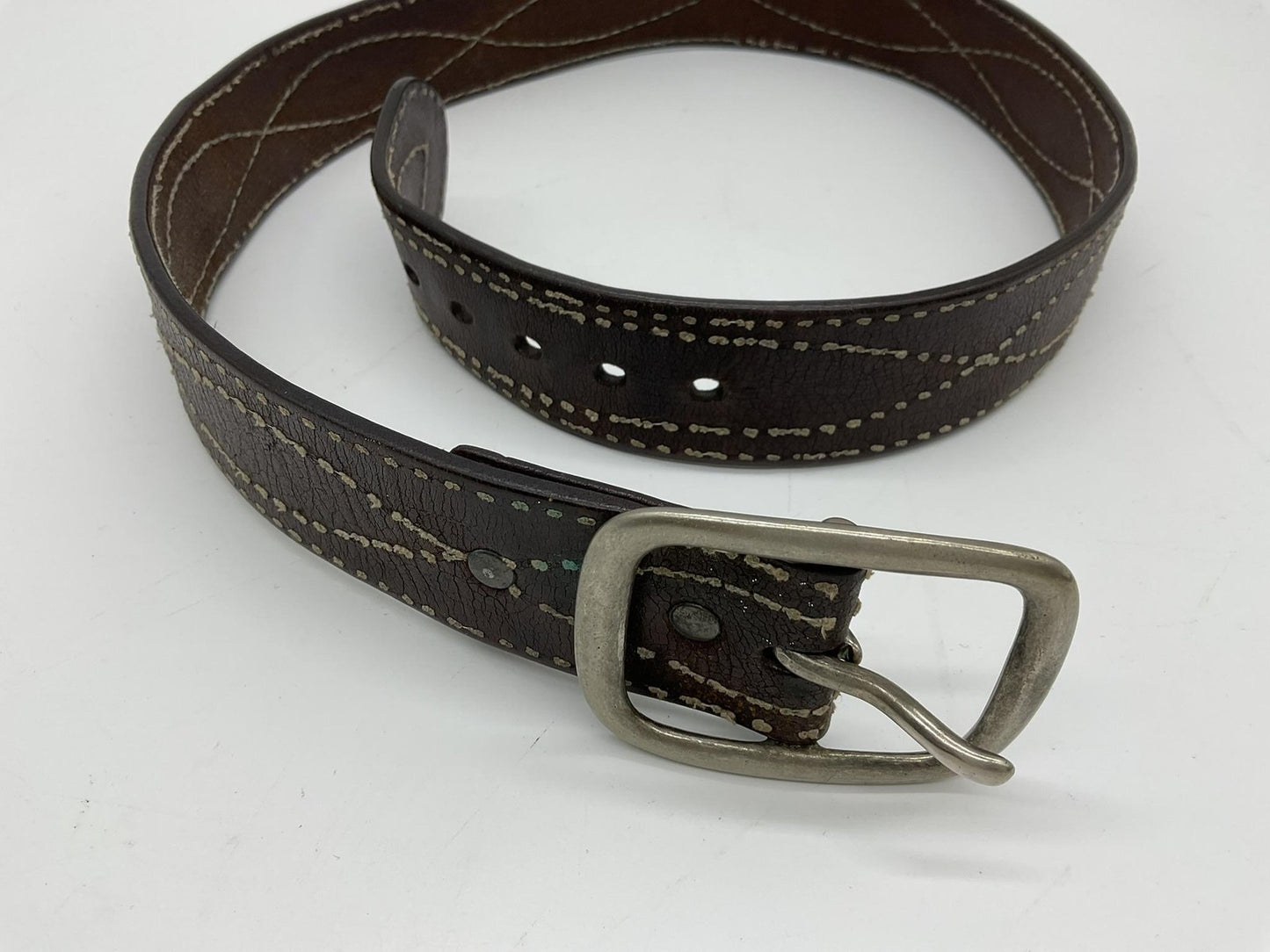 Brown Leather Belt Mens Solid Brass Buckle Western Stitching Distressed