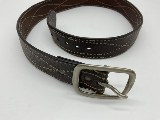 Brown Leather Belt Mens Solid Brass Buckle Western Stitching Distressed