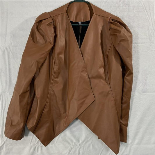 SHEIN Jacket Womens 1XL Brown Faux Leather Open Front Puff Sleeve Draped Hem