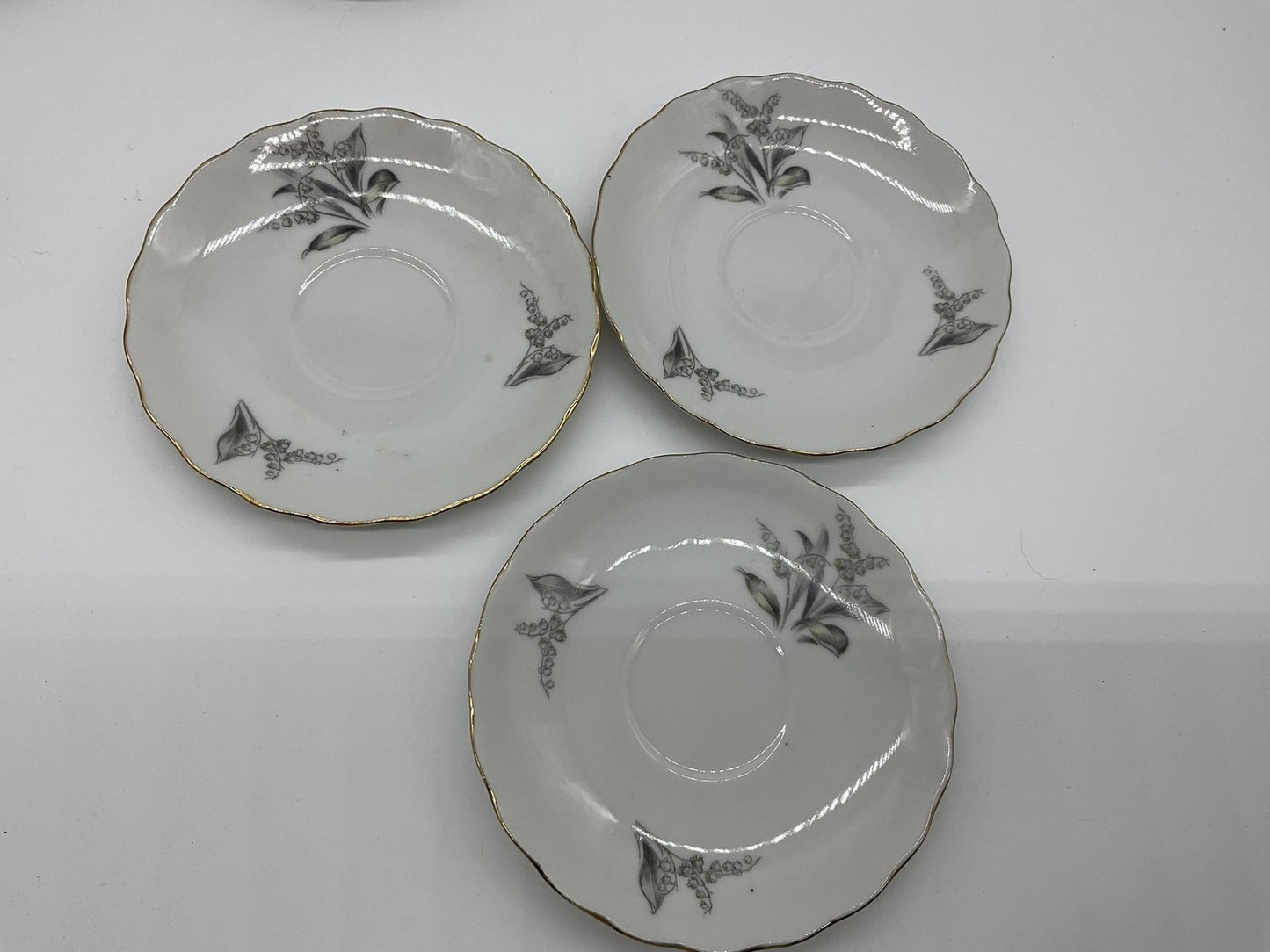 Vintage Lily Of The Valley Saucers Set Of 3 White Porcelain Japan Silver Trim
