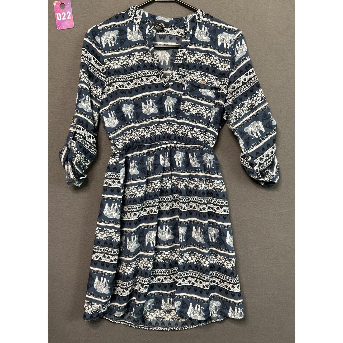 Rue 21 Dress Medium Elephant Print Roll Tab Sleeves Elastic Waist Safari