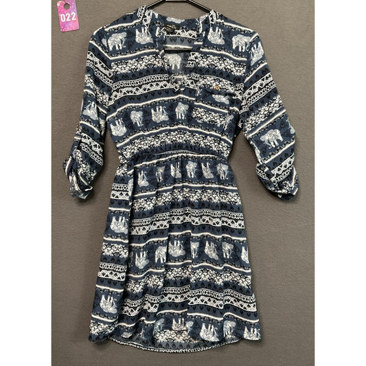 Rue 21 Dress Medium Elephant Print Roll Tab Sleeves Elastic Waist Safari