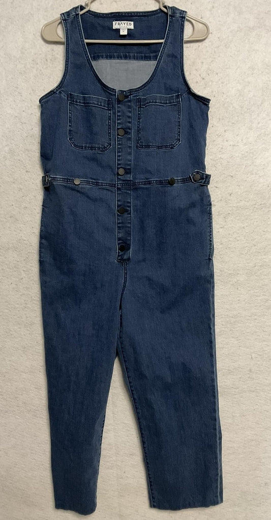 Frayed Jeans Jumpsuit Womens Medium Blue Denim Sleeveless Snap Front Baggy