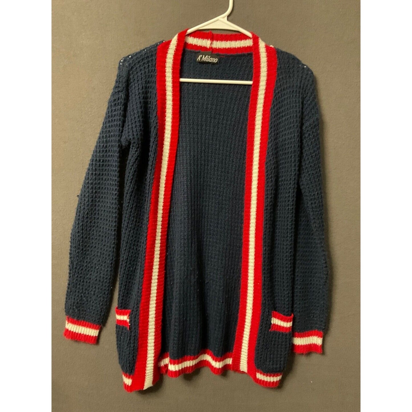 Vintage A' Milano Navy Striped Open Front Knit Cardigan Estimated Size Small