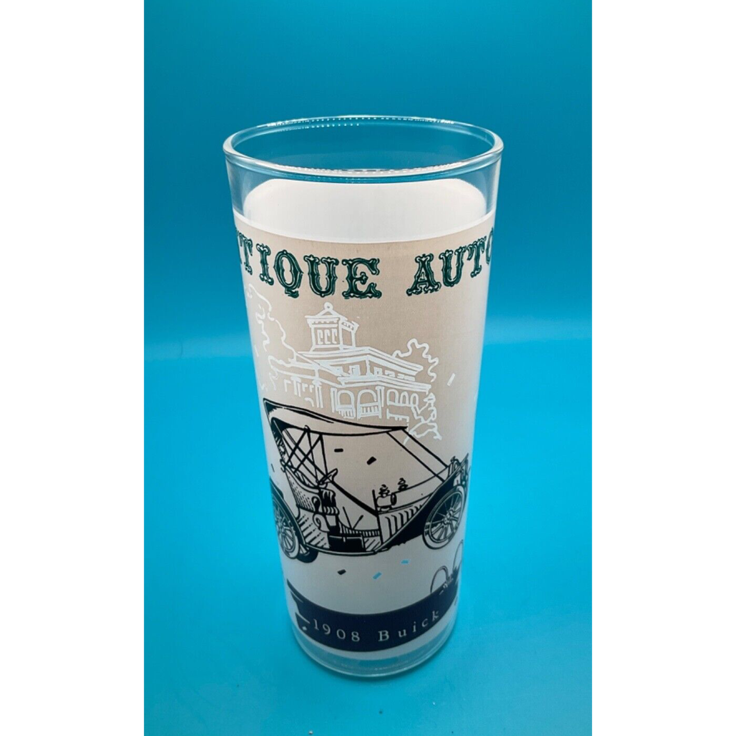 Vintage Barware:6.5" Highball Glass with 1908 Buick Antique Auto Design Retro