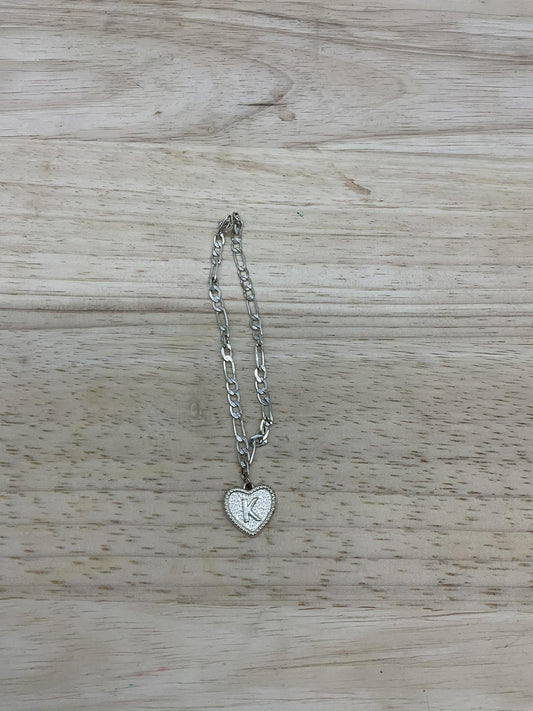 Silver Tone Heart K Initial Charm Chain Bracelet Womens Letter Love Jewelry