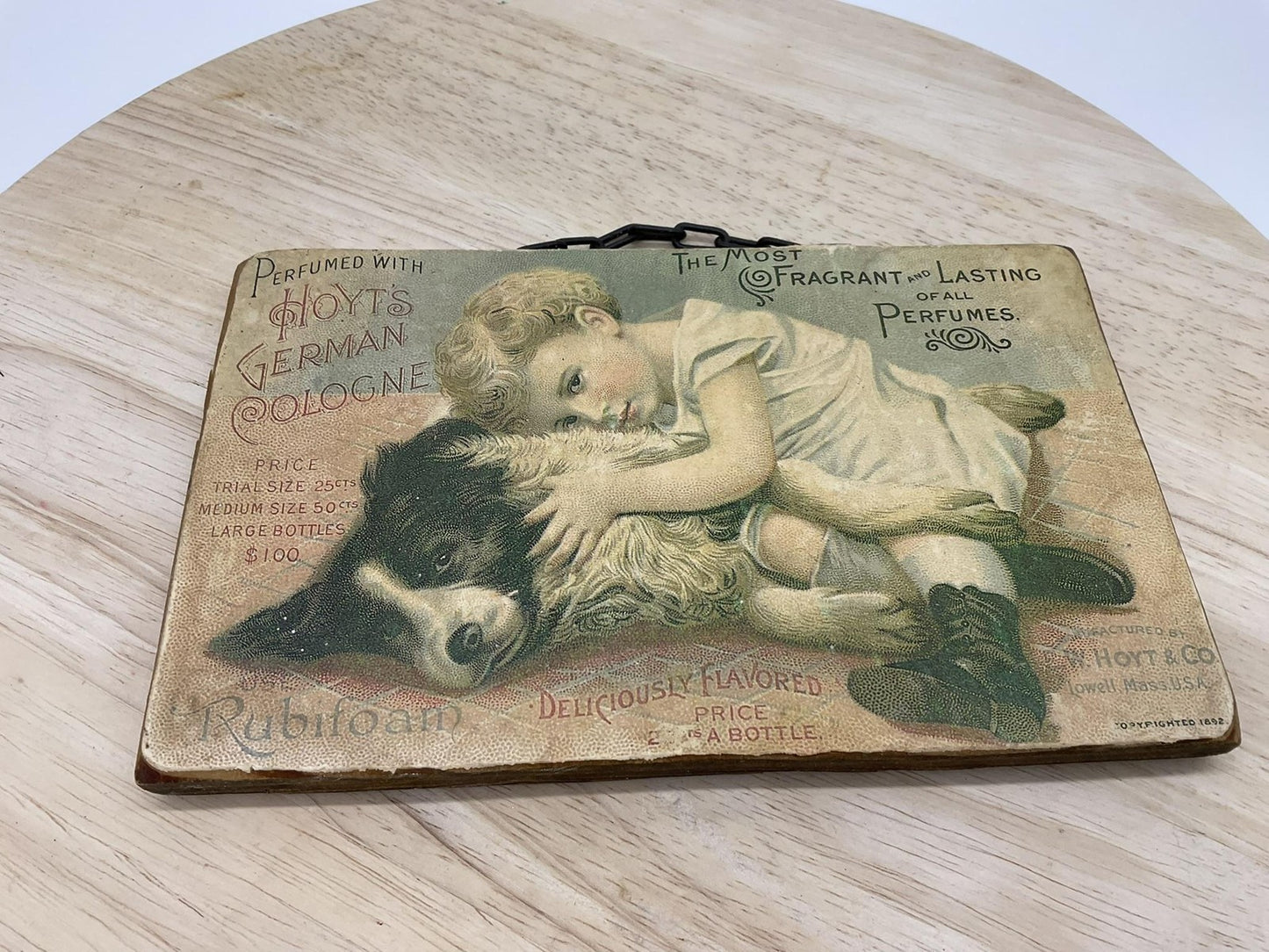 Vintage 1882 Hoyt's German Cologne Beige Advertising Sign Girl Dog Wood Plaque