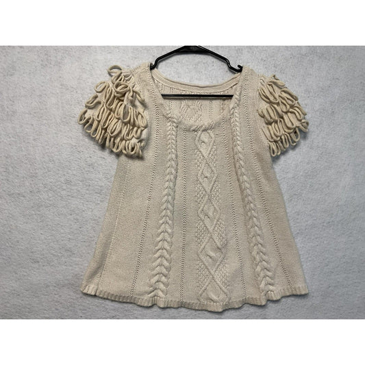 Sweater Womens Small Ivory Cable Knit Short Sleeve Loop Fringe Pullover Angora