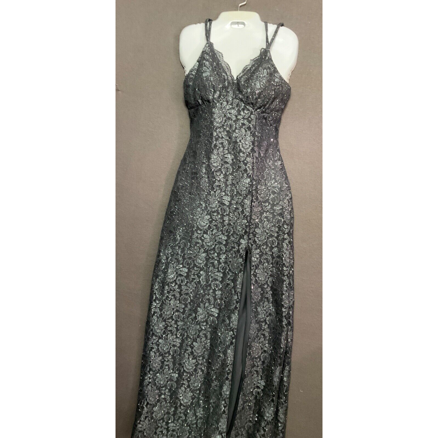 Morgan & Co Formal Gray Glitter Lace Prom Gown SZ 1 Side Slit Lined