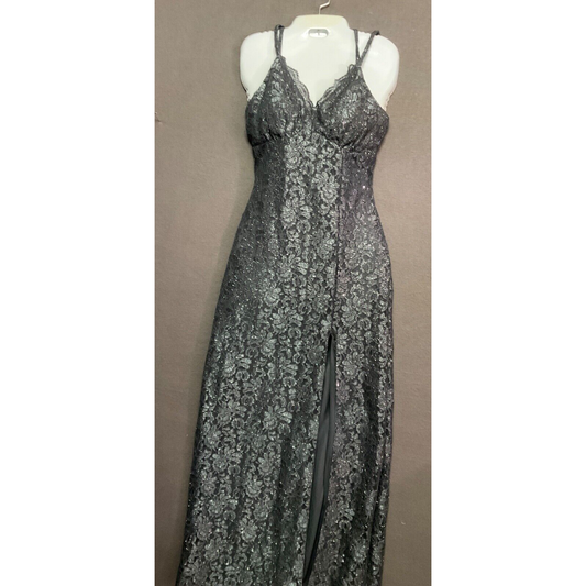 Morgan & Co Formal Gray Glitter Lace Prom Gown SZ 1 Side Slit Lined