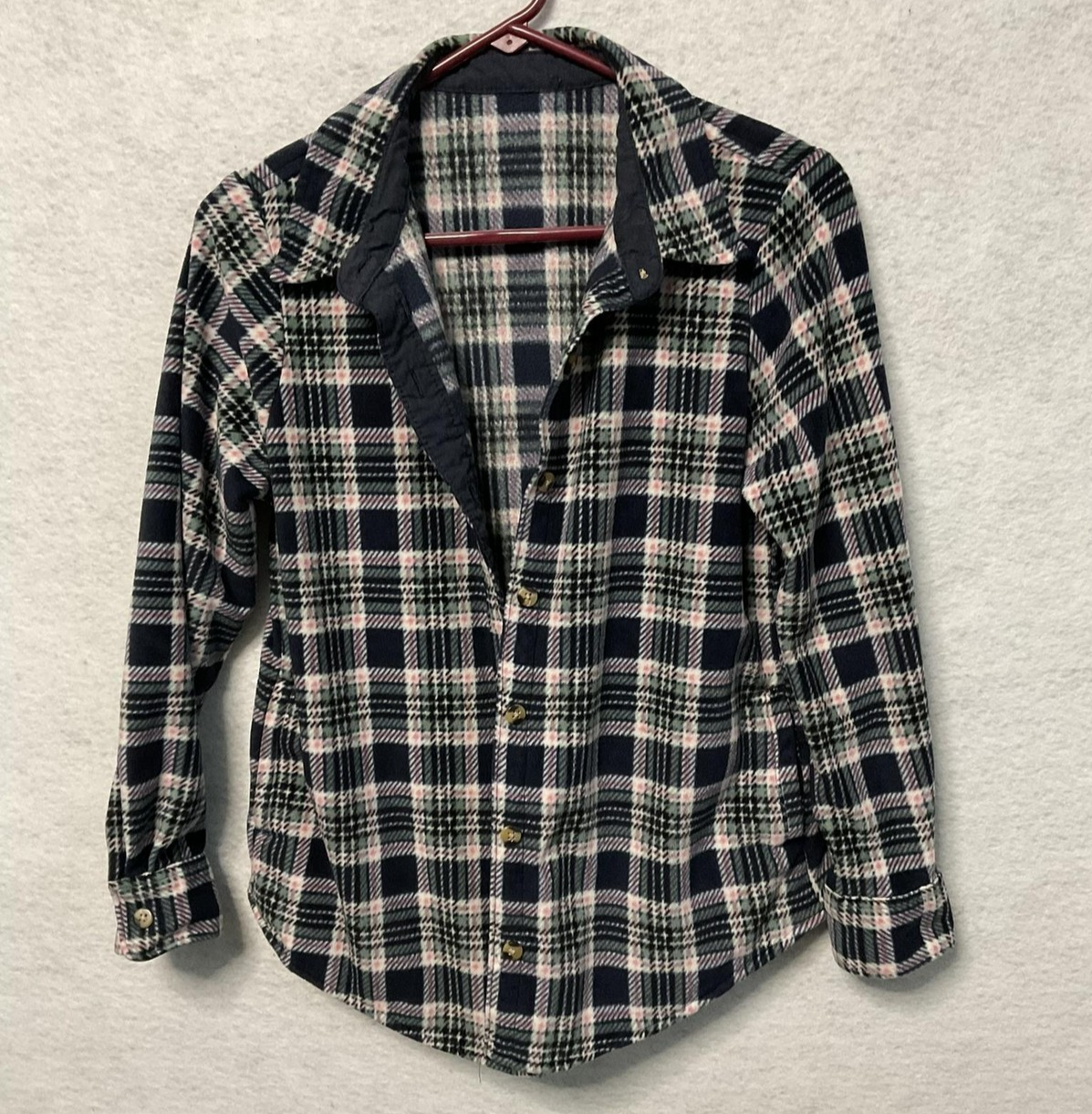 Plaid Fleece Shirt Womens Small Blue Green Pink Button Front Lined Casual