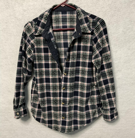 Plaid Fleece Shirt Womens Small Blue Green Pink Button Front Lined Casual