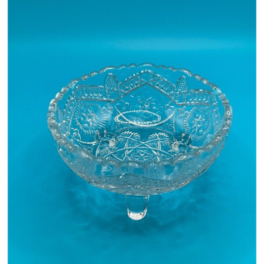 Vintage Footed Cut Glass Etched Round Nut Bowl - 4"x2" Retro Country Core