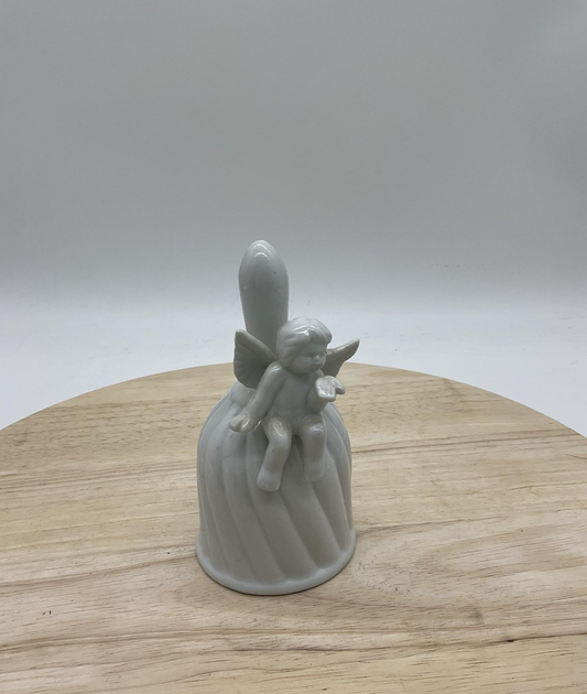 White Ceramic Angel Bell Figurine Cherub Sitting On Bell Decorative Collectible