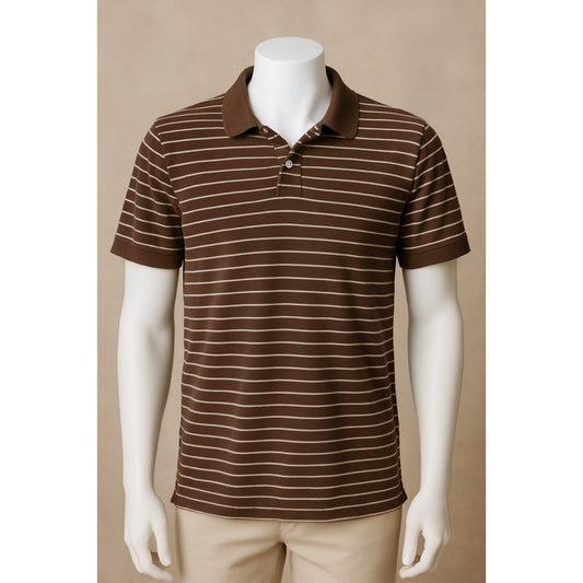 Old Navy Men’s XL Polo Shirt Brown Tan Stripes Short Sleeve Retro Cotton