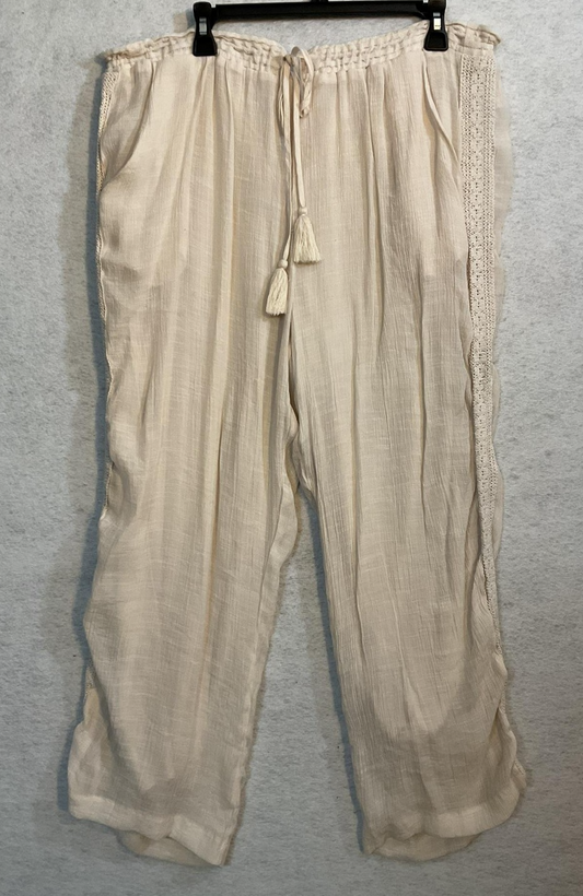 John Paul Richard Pants Womens Large White Boho Lace Trim Tassel Ankle Lined