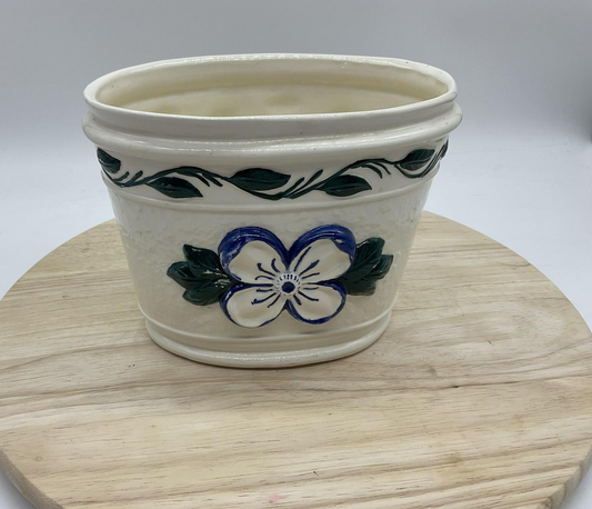 GM Hall Pottery Planter Oval Flower Pot Blue White Floral Handpainted Planter