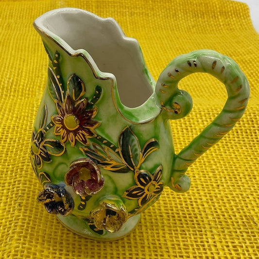 Creamer Pitcher Unisex 4" Green Floral 3D Applied Gold Trim Bud Vase Retro