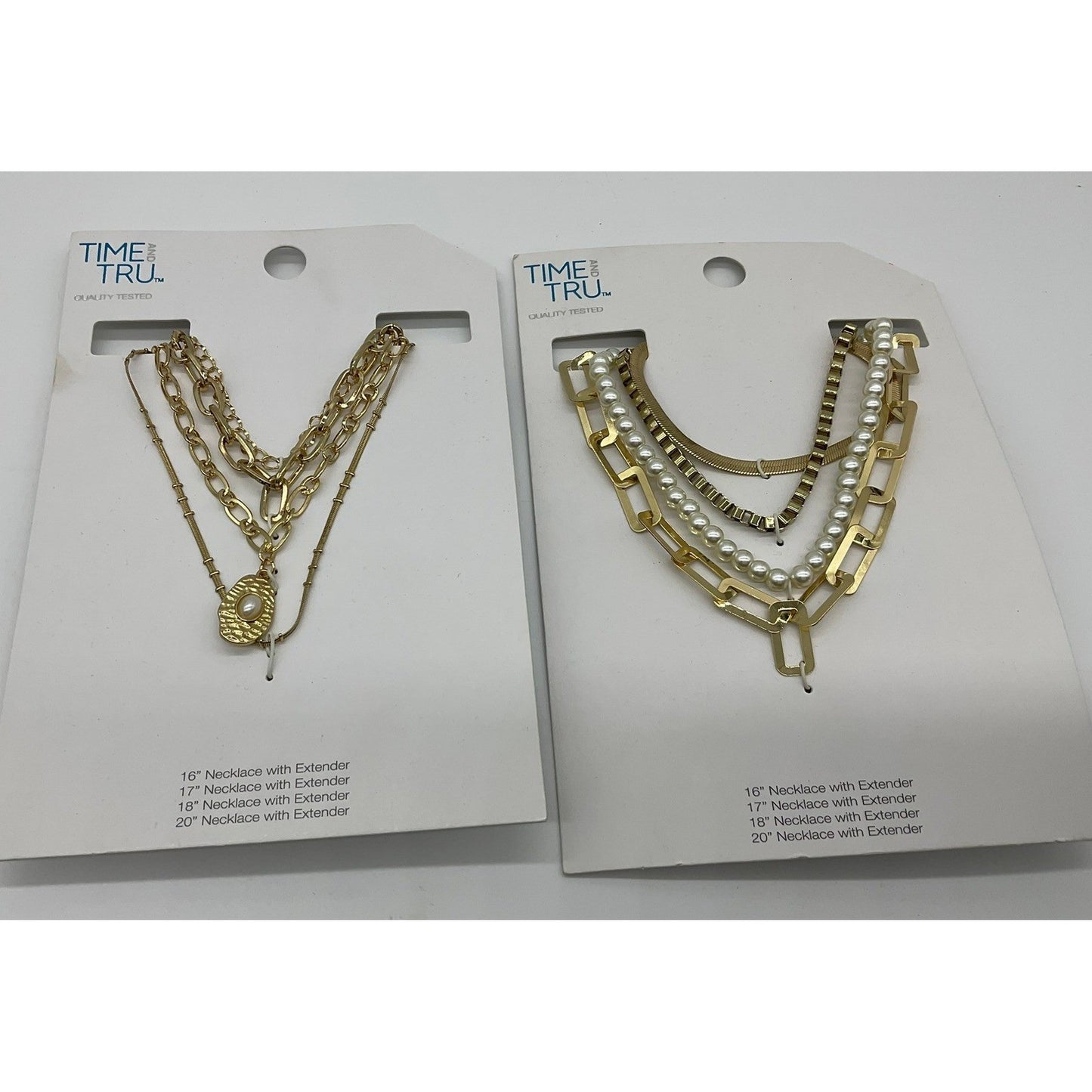 Time and Tru Layered Necklace Set Women OS Gold Pearl Chain Faux Jewelry