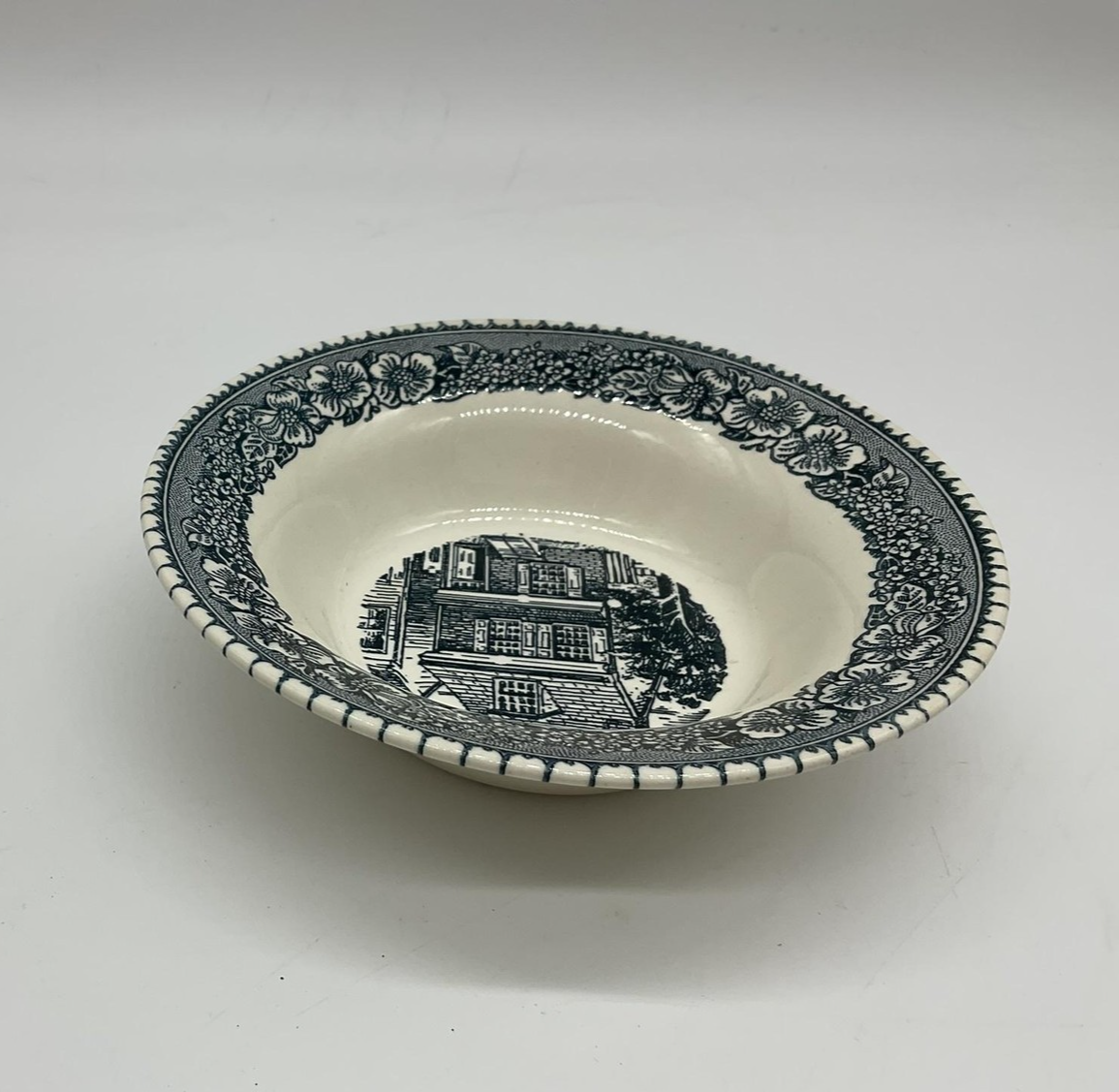 Vintage Blue White Transferware Soup Cereal Bowl USA Floral Border House Scene