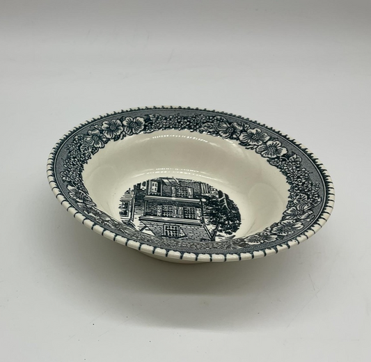 Vintage Blue White Transferware Soup Cereal Bowl USA Floral Border House Scene