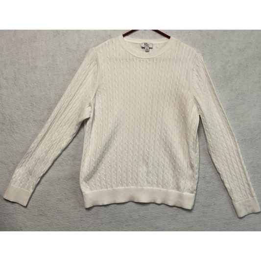Kim Rogers Sweater Womens Petite Large White Cable Knit Cotton Crewneck Pullover