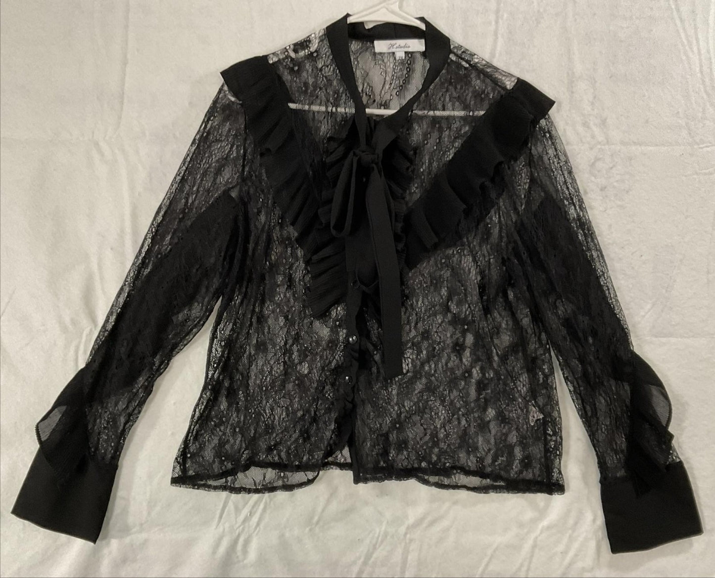 H.studio Blouse Womens 2X Black Lace Sheer Ruffle Bow V Neck Long Sleeve Top